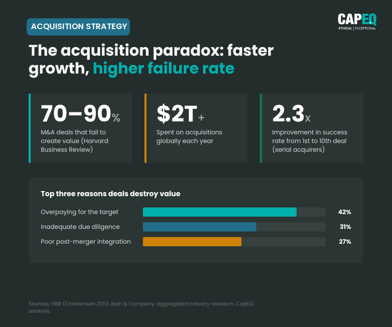 Three statistics on M&A: 70-90% of deals fail to create value (Harvard Business Review), $2 trillion+ spent annually, 2.3x improvement in success rate from a buyer's first deal to their tenth — with bar chart showing overpayment (42%), inadequate due diligence (31%) and poor integration (27%) as the top three reasons deals destroy value