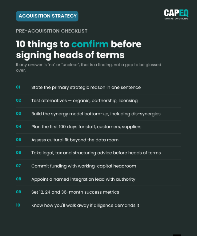 CapEQ pre-acquisition checklist — 10 items to confirm before signing heads of terms, including stating the strategic reason in one sentence, testing alternatives, building synergy models bottom-up, planning the first 100 days, assessing cultural fit, taking legal advice early, committing funding, appointing an integration lead, setting 12/24/36-month metrics, and knowing how to walk away