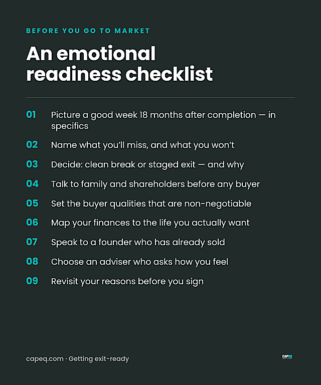 CapEQ emotional readiness checklist with nine steps to take before going to market.