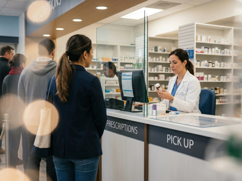 Pharmacist at Droitwich Pharmacy dispensing counter, the year before the 2014 MSA Global sale