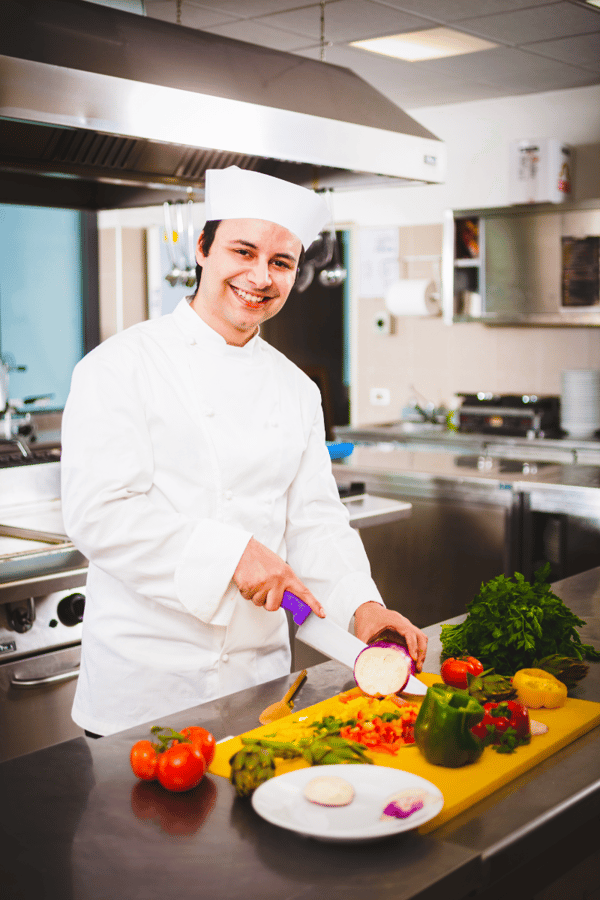 UK chef preparing plant-based menu items using Vegetarian Express foodservice ingredients