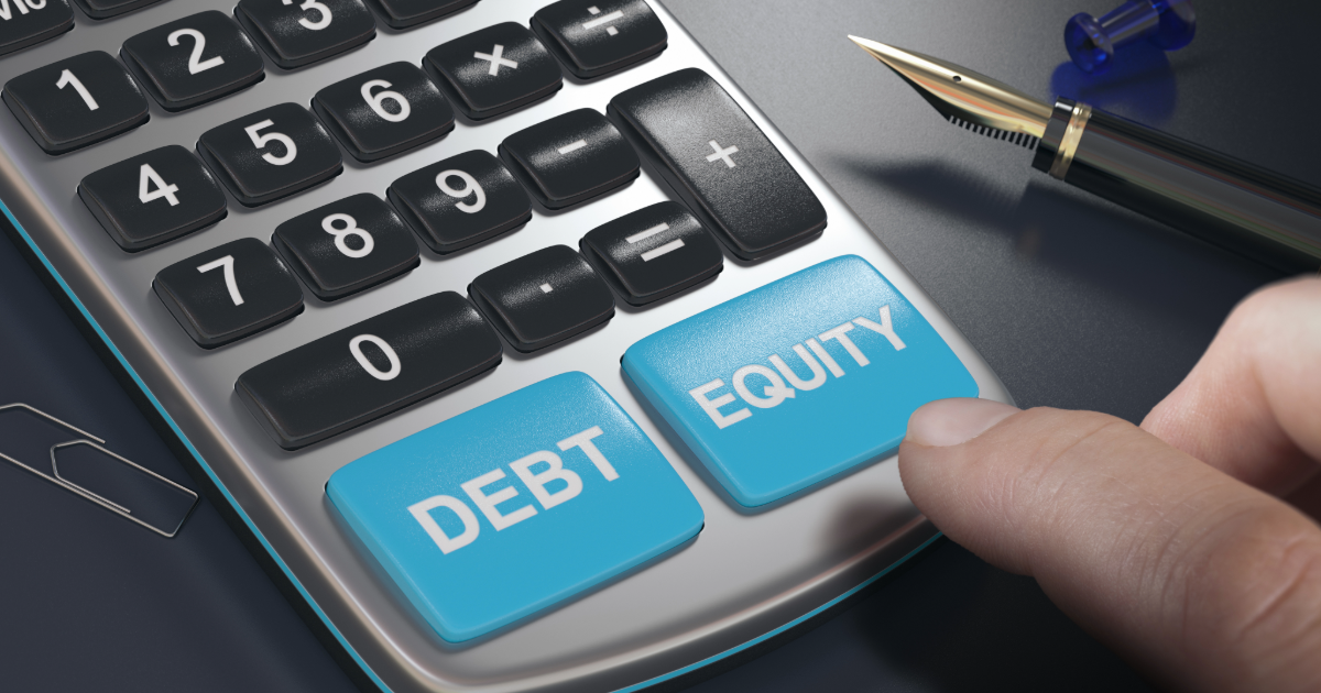 Calculator with debt and equity buttons representing choices when UK scale-up founders are seeking iinvestment