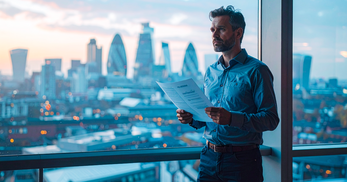Senior UK founder reviewing acquisition strategy documents in a modern boardroom, considering adjacent market expansion