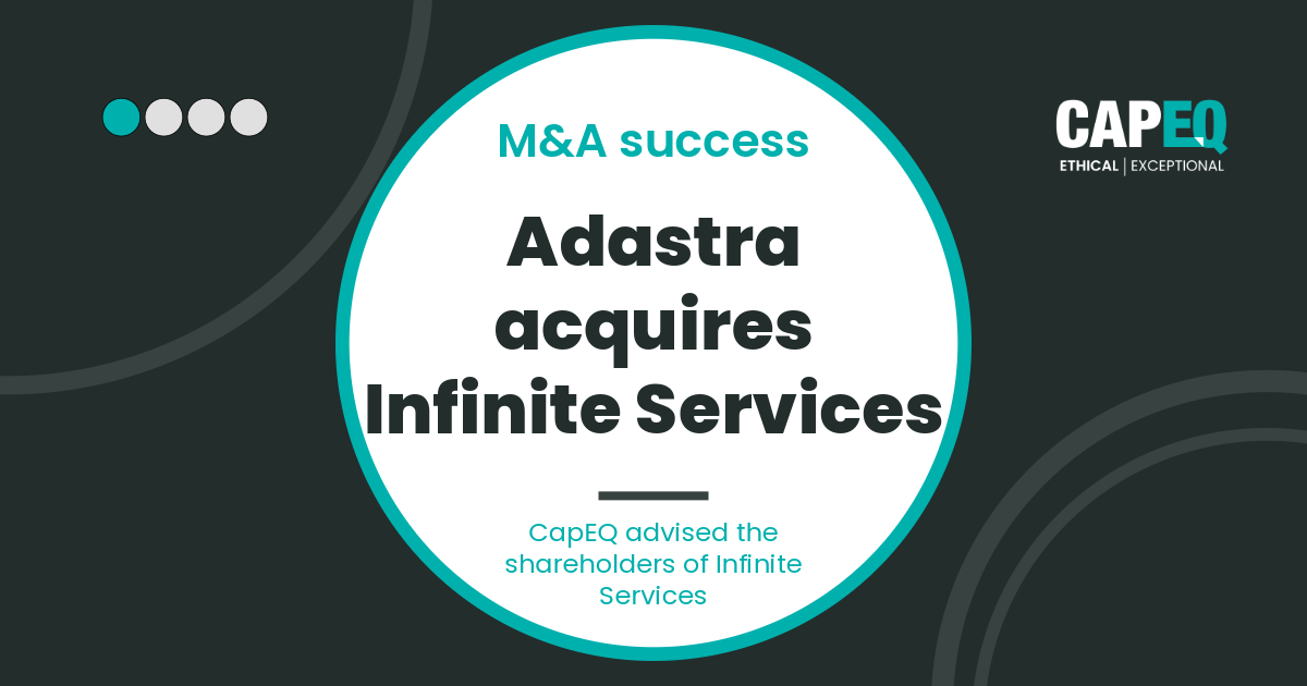 CapEQ advisory news card — Infinite Services acquired by Adastra, cross-border data and AI M&A