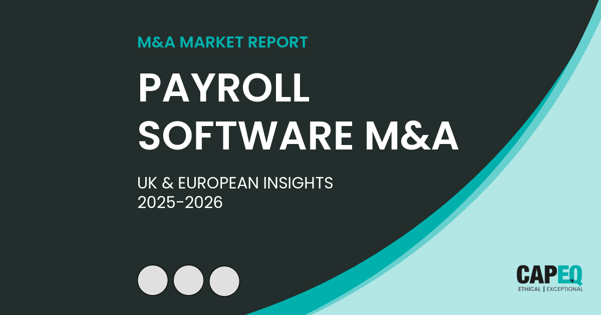 CapEQ hero banner for payroll software M&A market report 2026, featuring the CapEQ Responsive Curve motif
